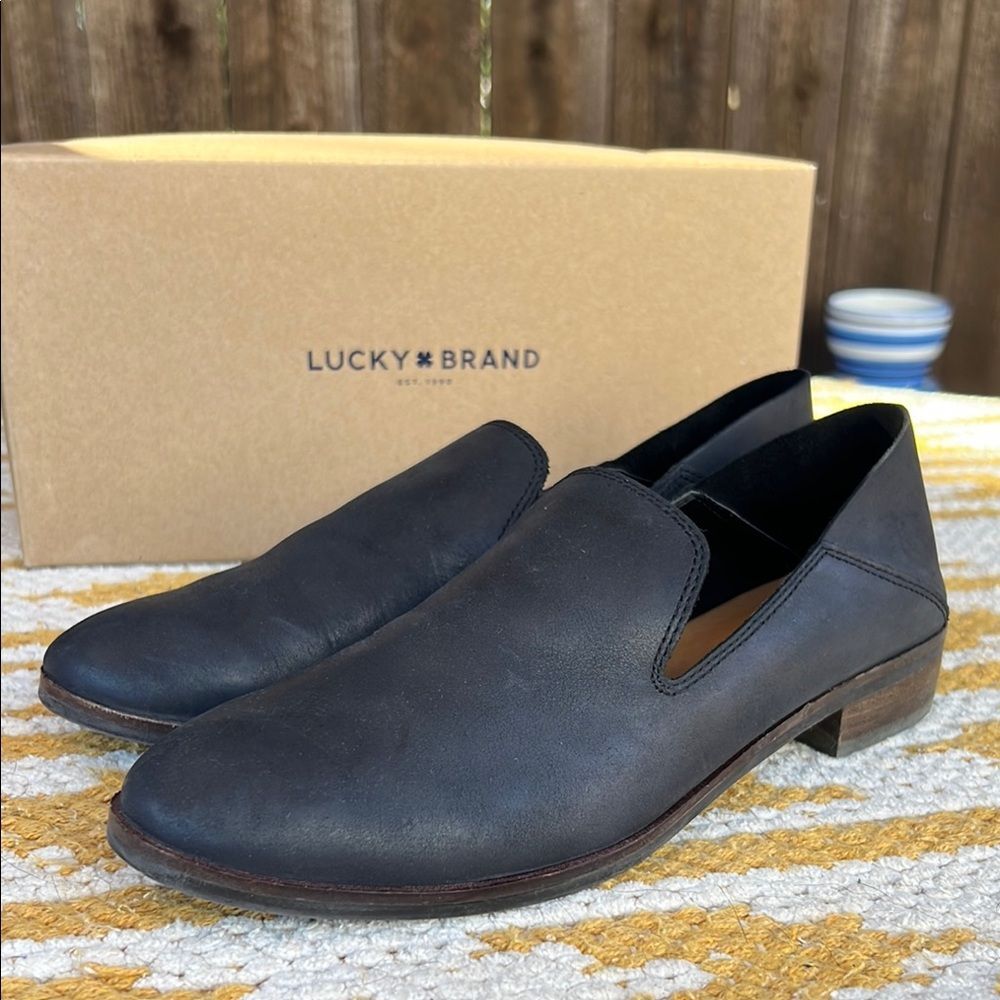 Lucky Brand Black Saratoga Cahill Leather Slip-On Loafers 8.5 M Almond Toe